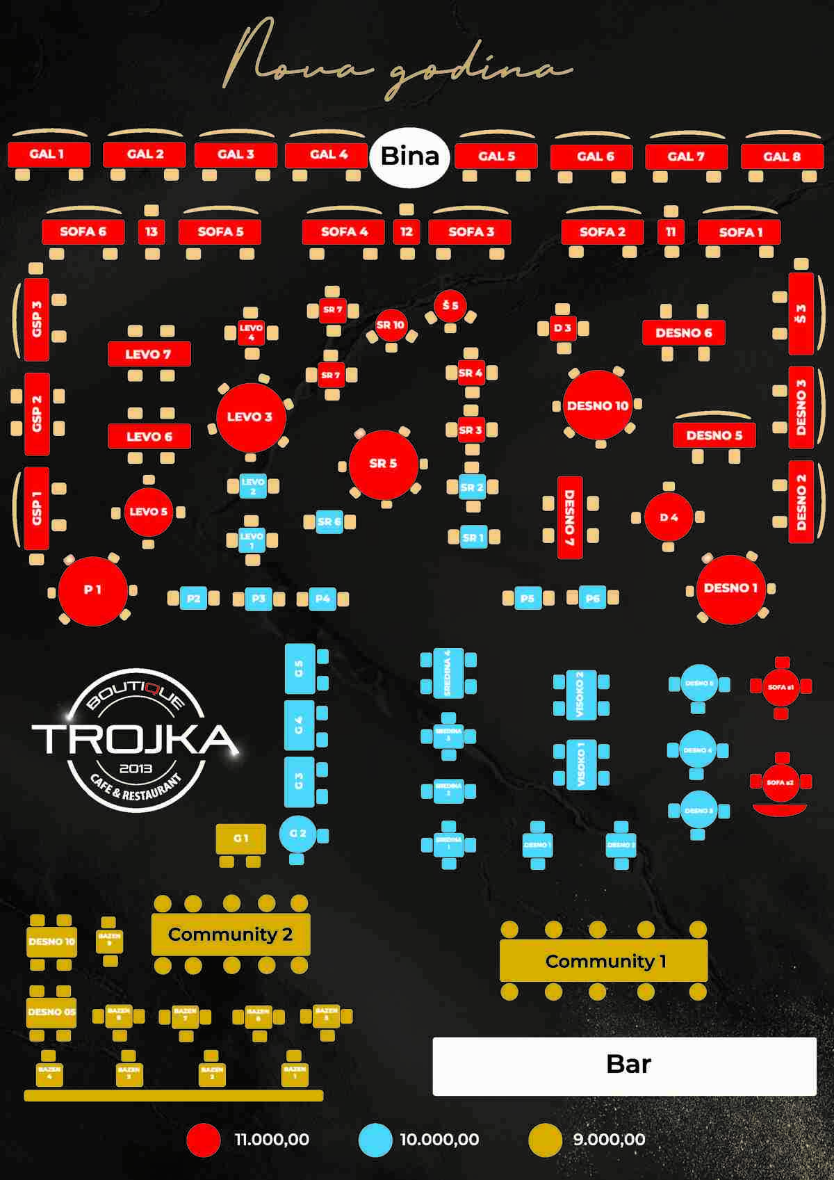 Seating map - Boutique Restaurant Trojka New Year’s Eve 2026