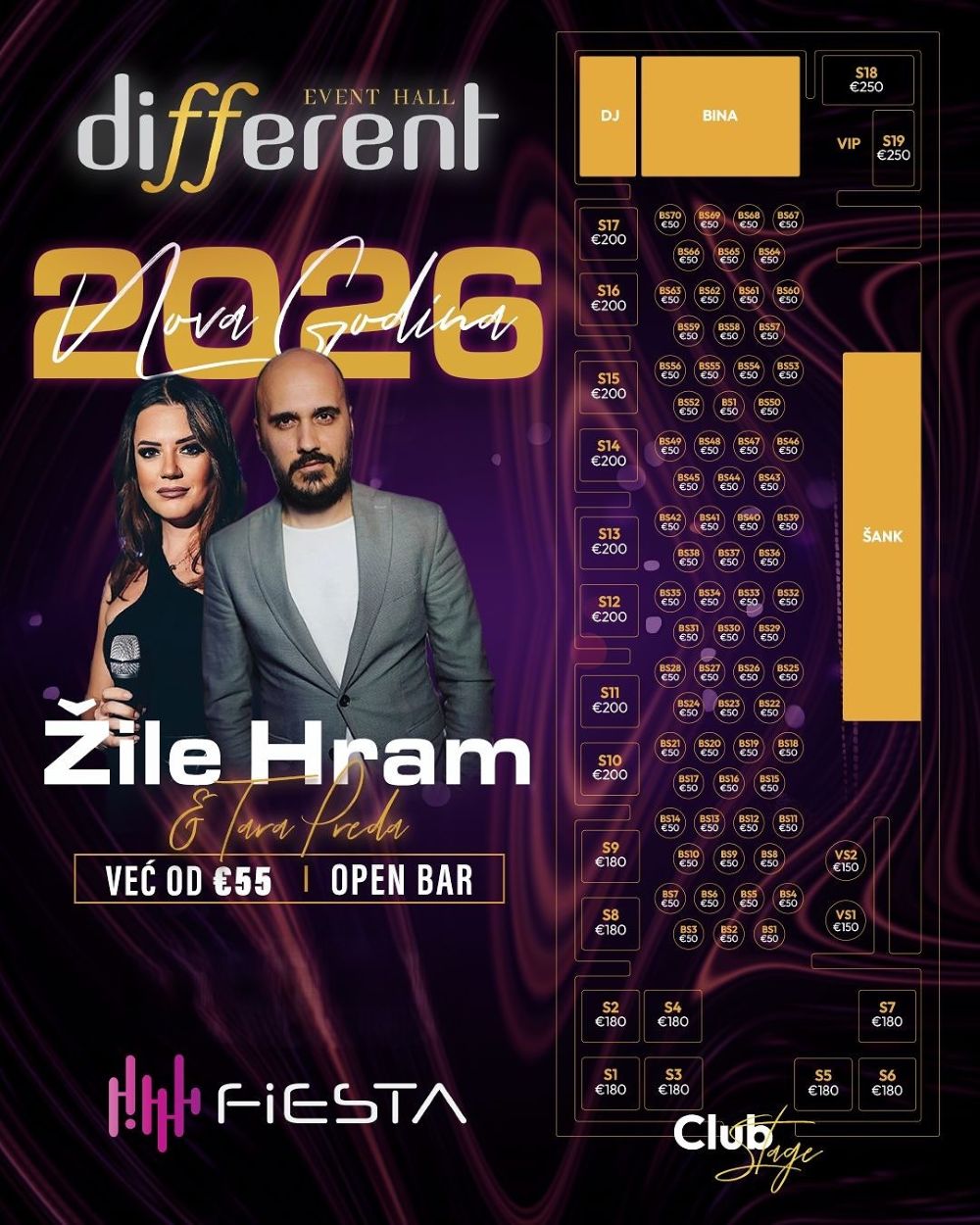 Seating map - Different Event Hall Club Stage New Year’s Eve 2026