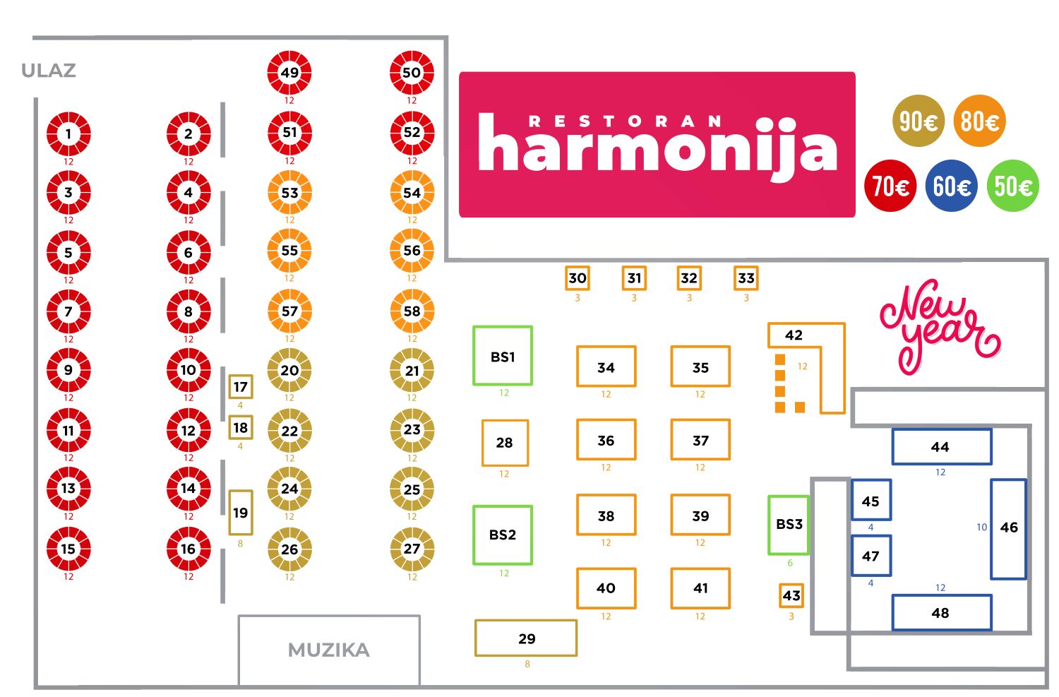 Seating map - Restaurant Harmony New Year 2026