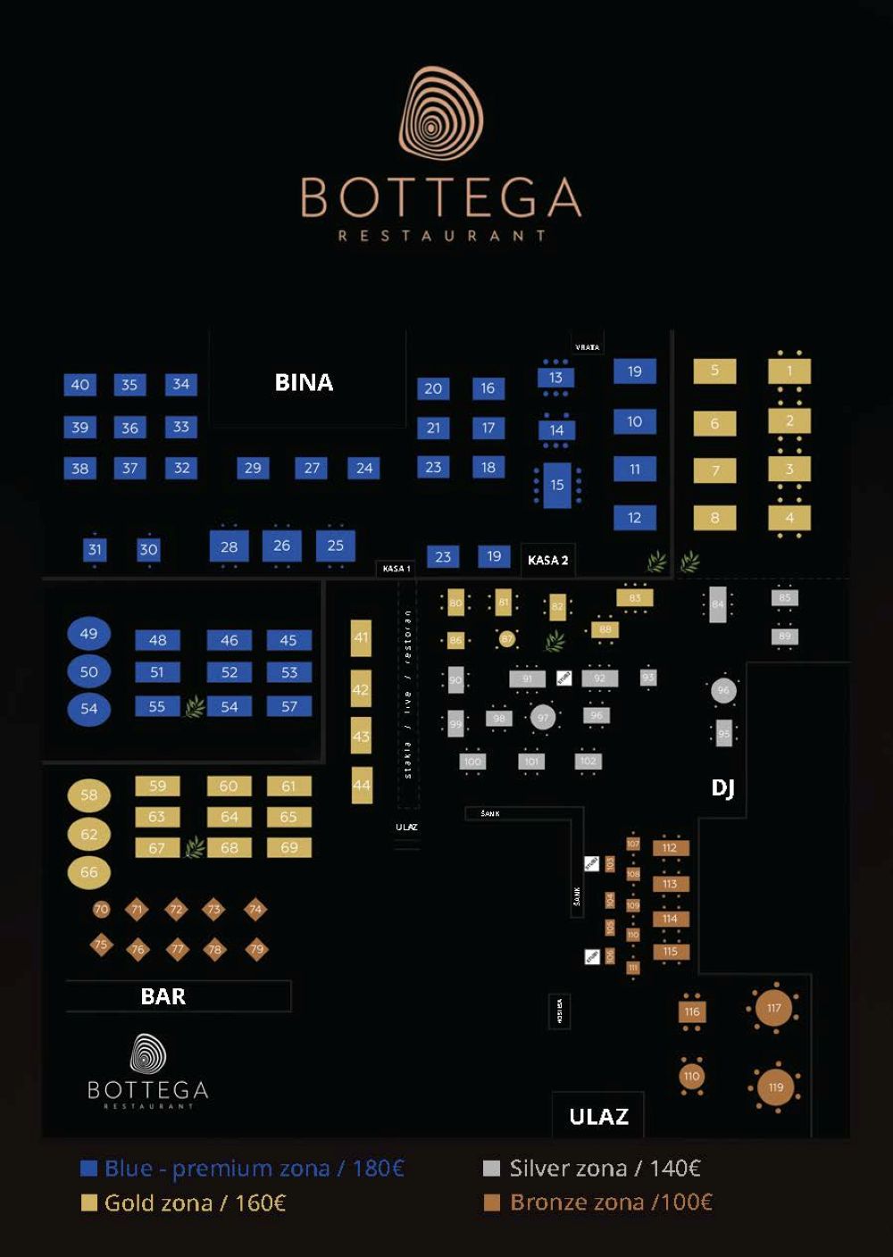 Seating map - Bottega Restaurant New Year 2026