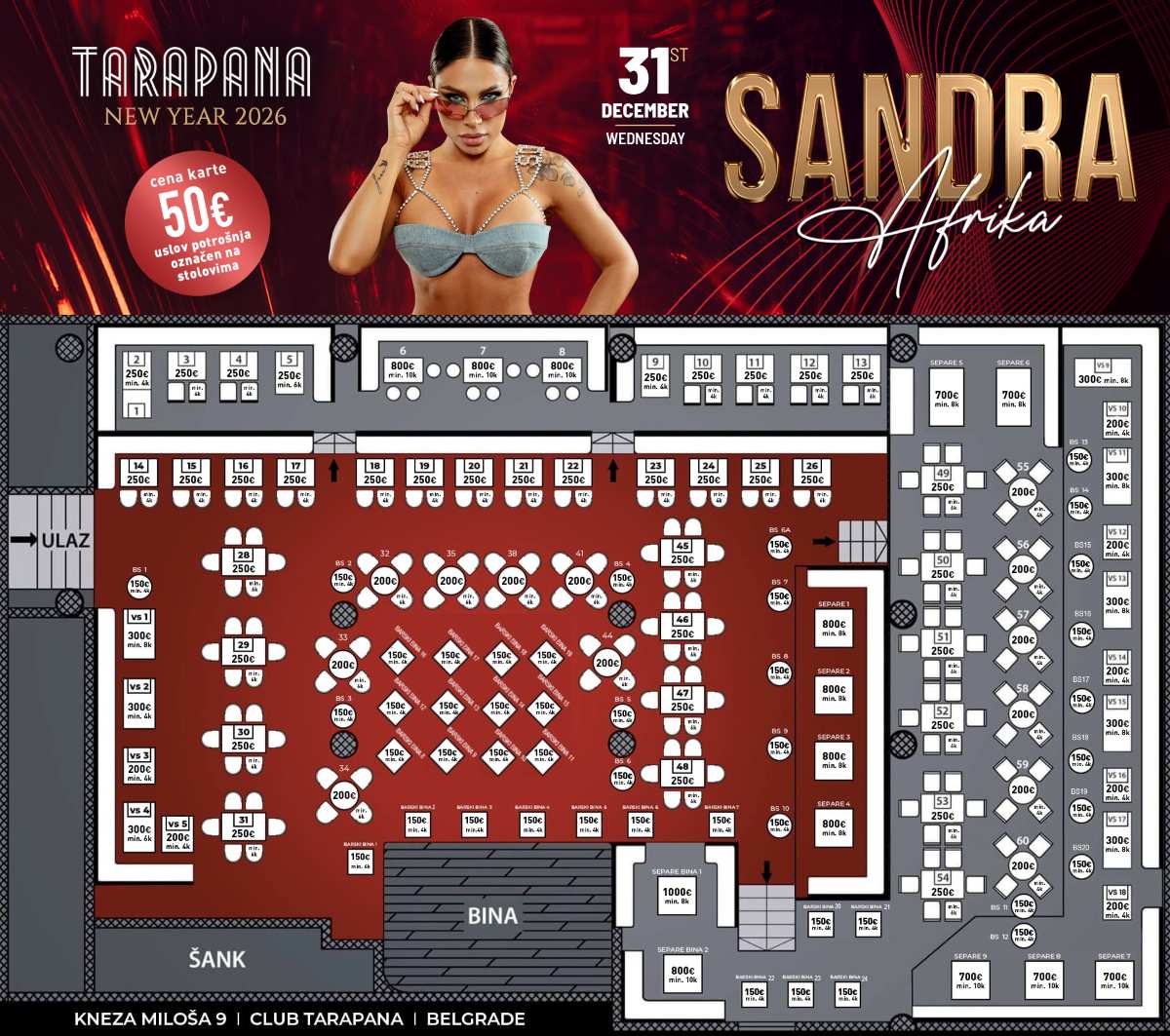 Seating map - Kafana Tarapana New Year’s Eve 2026